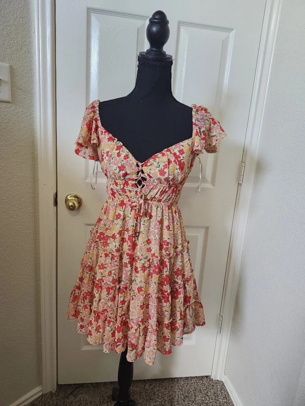 Y&I Floral Pink Tie-Front Sundress Smocked S